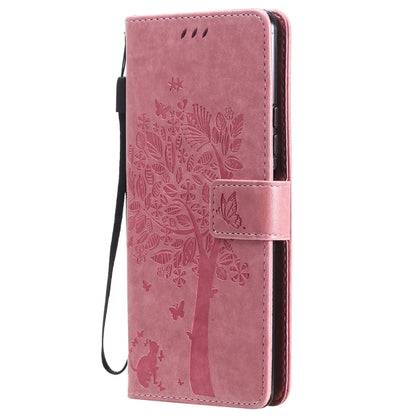 For Xiaomi Redmi Note 10 Pro Tree & Cat Pattern Pressed Printing Horizontal Flip PU Leather Case with Holder & Card Slots & Wallet & Lanyard(Pink) - Xiaomi Cases by buy2fix | Online Shopping UK | buy2fix
