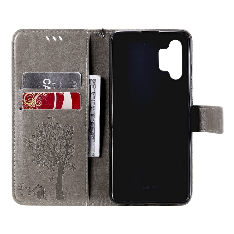 For Samsung Galaxy A32 4G Tree & Cat Pattern Pressed Printing Horizontal Flip PU Leather Case with Holder & Card Slots & Wallet & Lanyard(Gray) by buy2fix