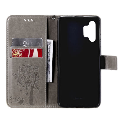For Samsung Galaxy A32 4G Tree & Cat Pattern Pressed Printing Horizontal Flip PU Leather Case with Holder & Card Slots & Wallet & Lanyard(Gray) by buy2fix