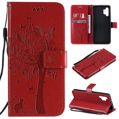For Samsung Galaxy A32 4G Tree & Cat Pattern Pressed Printing Horizontal Flip PU Leather Case with Holder & Card Slots & Wallet & Lanyard(Red) by buy2fix