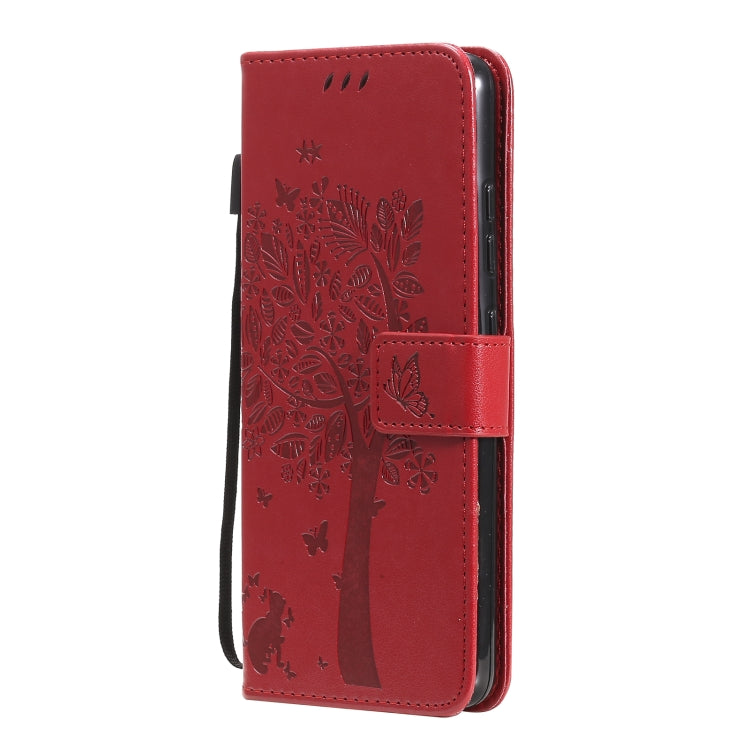 For Samsung Galaxy A32 4G Tree & Cat Pattern Pressed Printing Horizontal Flip PU Leather Case with Holder & Card Slots & Wallet & Lanyard(Red) by buy2fix