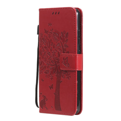 For Samsung Galaxy A32 4G Tree & Cat Pattern Pressed Printing Horizontal Flip PU Leather Case with Holder & Card Slots & Wallet & Lanyard(Red) by buy2fix