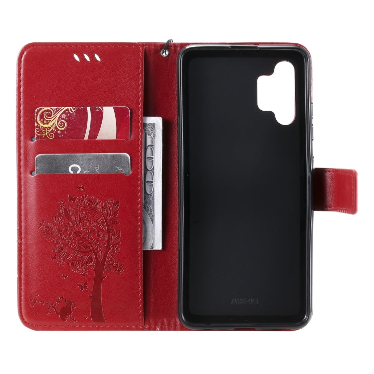 For Samsung Galaxy A32 4G Tree & Cat Pattern Pressed Printing Horizontal Flip PU Leather Case with Holder & Card Slots & Wallet & Lanyard(Red) by buy2fix