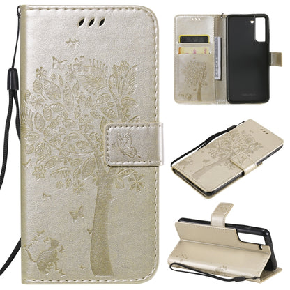 For Samsung Galaxy S21 FE Tree & Cat Pattern Pressed Printing Horizontal Flip PU Leather Case with Holder & Card Slots & Wallet & Lanyard(Gold) by buy2fix