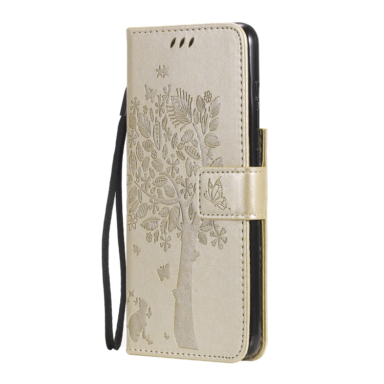 For Samsung Galaxy S21 FE Tree & Cat Pattern Pressed Printing Horizontal Flip PU Leather Case with Holder & Card Slots & Wallet & Lanyard(Gold) by buy2fix