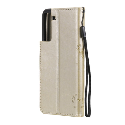 For Samsung Galaxy S21 FE Tree & Cat Pattern Pressed Printing Horizontal Flip PU Leather Case with Holder & Card Slots & Wallet & Lanyard(Gold) by buy2fix