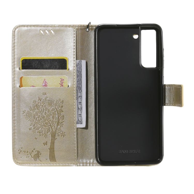 For Samsung Galaxy S21 FE Tree & Cat Pattern Pressed Printing Horizontal Flip PU Leather Case with Holder & Card Slots & Wallet & Lanyard(Gold) by buy2fix