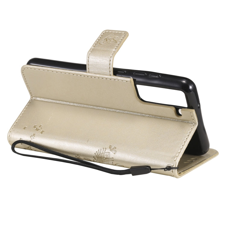 For Samsung Galaxy S21 FE Tree & Cat Pattern Pressed Printing Horizontal Flip PU Leather Case with Holder & Card Slots & Wallet & Lanyard(Gold) by buy2fix