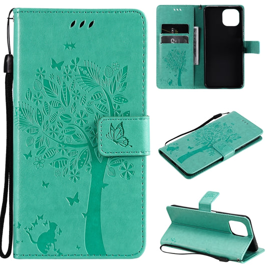 For Xiaomi Mi 11 Lite 5G Tree & Cat Pattern Pressed Printing Horizontal Flip PU Leather Case with Holder & Card Slots & Wallet & Lanyard(Green) - Xiaomi Cases by Diaobaolee | Online Shopping UK | buy2fix