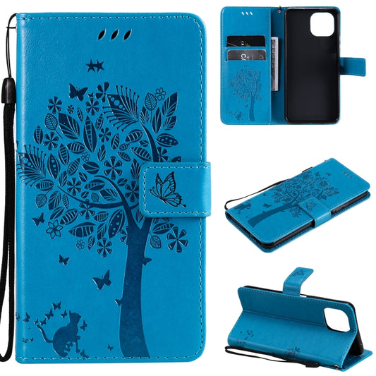 For Xiaomi Mi 11 Lite 5G Tree & Cat Pattern Pressed Printing Horizontal Flip PU Leather Case with Holder & Card Slots & Wallet & Lanyard(Blue) - Xiaomi Cases by Diaobaolee | Online Shopping UK | buy2fix