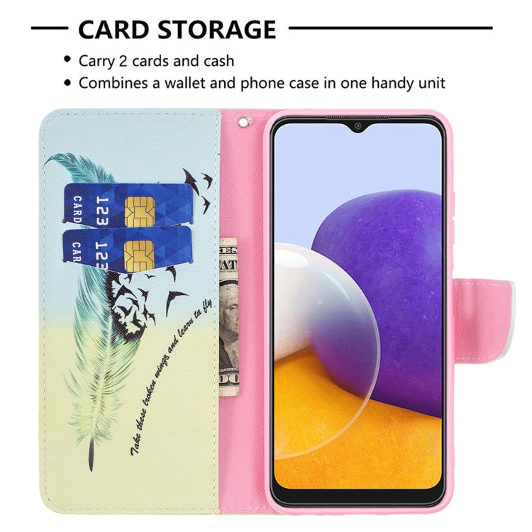 For Samsung Galaxy A22 5G Colored Drawing Pattern Horizontal Flip Leather Case with Holder & Card Slots & Wallet(Feather) by buy2fix