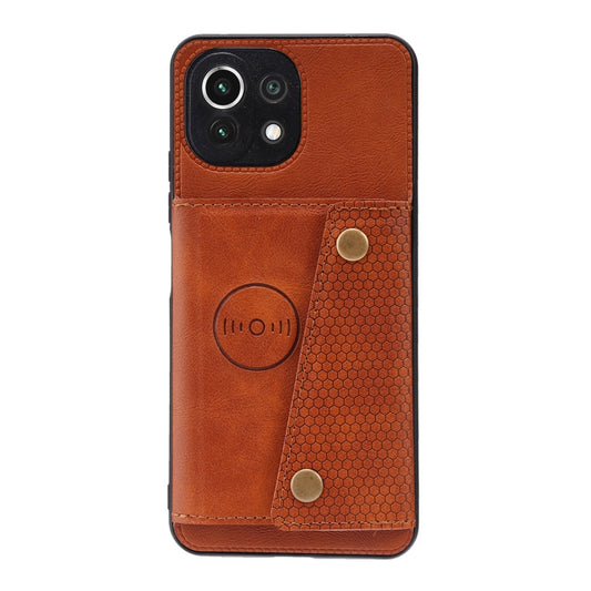 For Xiaomi Mi 11 Lite Double Buckle PU + TPU Shockproof Magnetic Protective Case with Card Slot & Holder(Light Brown) - Xiaomi Cases by Diaobaolee | Online Shopping UK | buy2fix