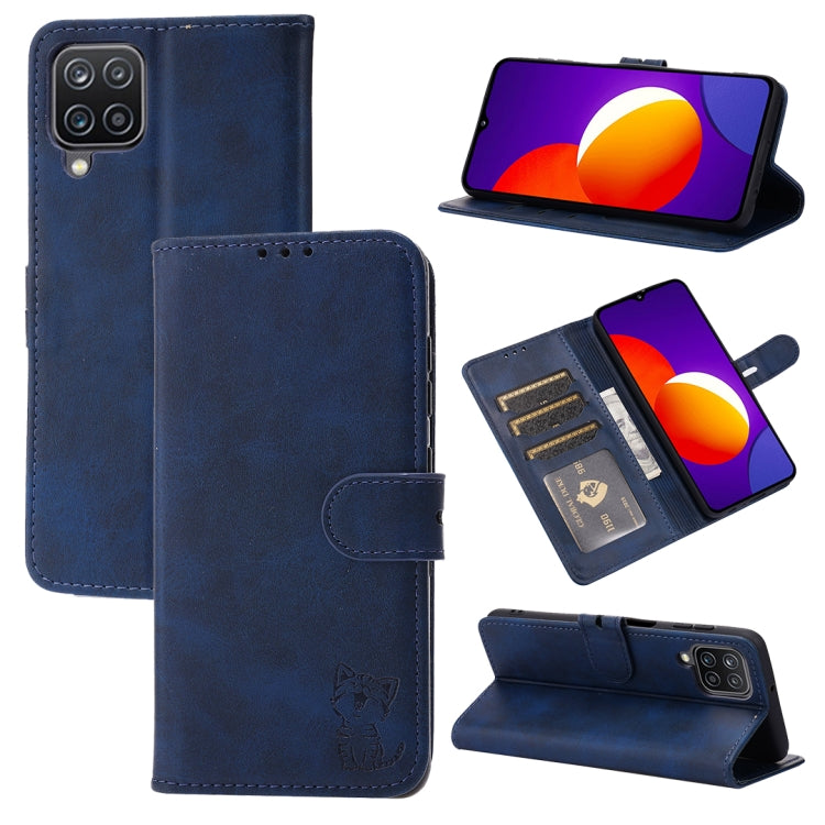 For Samsung Galaxy A22 4G Embossed Happy Cat Pattern Horizontal Flip Leather Case with Holder & Card Slots & Wallet(Blue) by buy2fix
