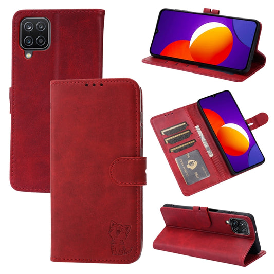 For Samsung Galaxy A22 4G Embossed Happy Cat Pattern Horizontal Flip Leather Case with Holder & Card Slots & Wallet(Red) by buy2fix