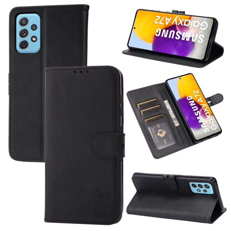 For Samsung Galaxy A52 5G / 4G Embossed Happy Cat Pattern Horizontal Flip Leather Case with Holder & Card Slots & Wallet(Black) by buy2fix