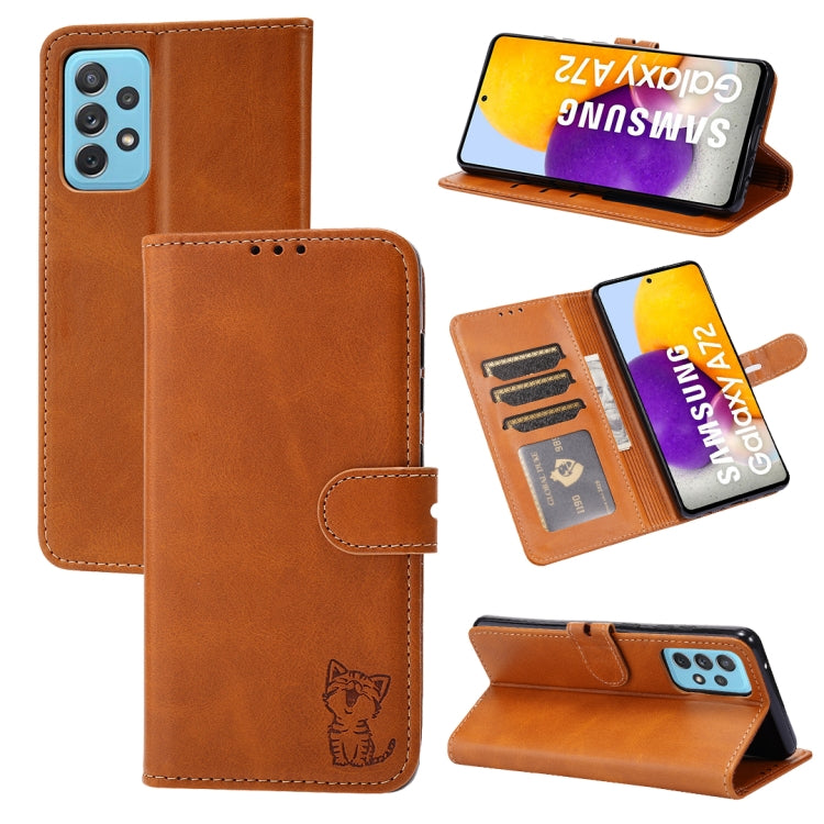 For Samsung Galaxy A52 5G / 4G Embossed Happy Cat Pattern Horizontal Flip Leather Case with Holder & Card Slots & Wallet(Yellow) by buy2fix