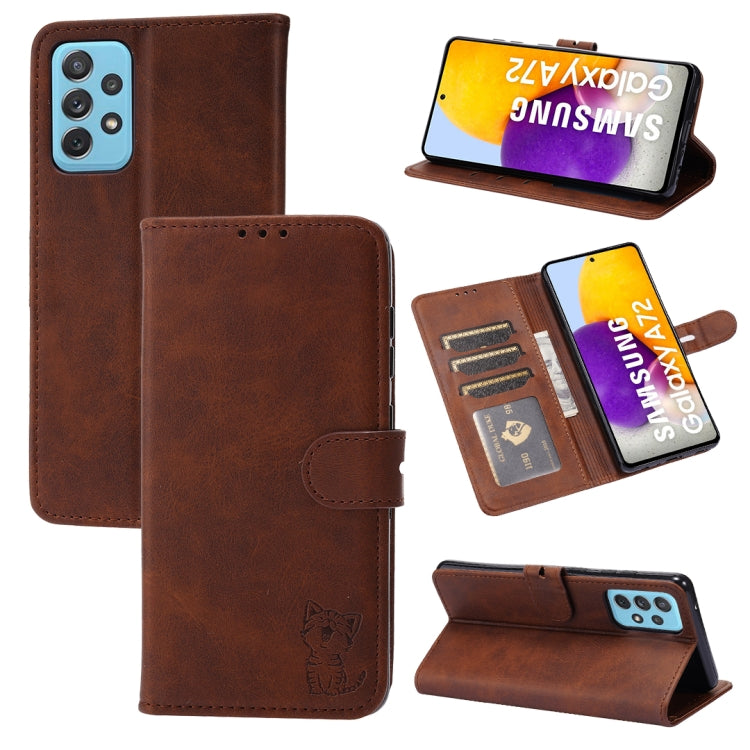 For Samsung Galaxy A52 5G / 4G Embossed Happy Cat Pattern Horizontal Flip Leather Case with Holder & Card Slots & Wallet(Brown) by buy2fix