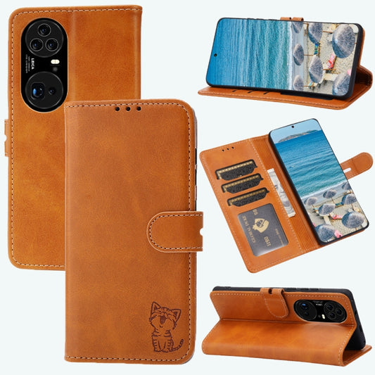 For Huawei P50 Pro Embossed Happy Cat Pattern Horizontal Flip Leather Case with Holder & Card Slots & Wallet(Yellow) - Huawei Cases by buy2fix | Online Shopping UK | buy2fix