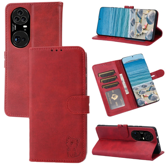 For Huawei P50 Pro Embossed Happy Cat Pattern Horizontal Flip Leather Case with Holder & Card Slots & Wallet(Red) - Huawei Cases by buy2fix | Online Shopping UK | buy2fix