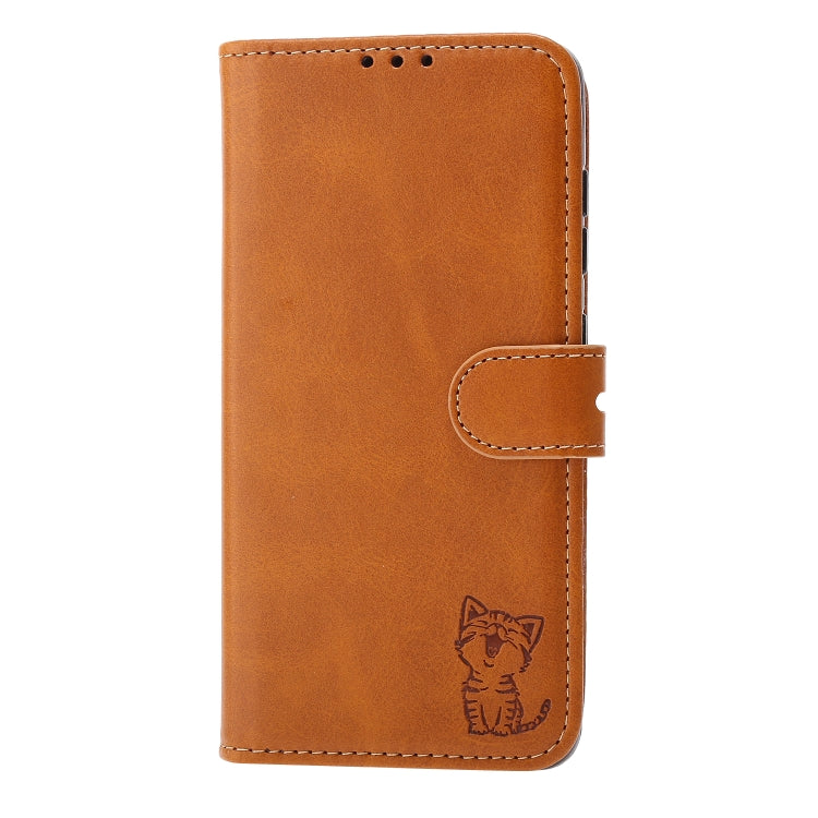 For Sony Xperia 10 III Embossed Happy Cat Pattern Horizontal Flip Leather Case with Holder & Card Slots & Wallet(Yellow) - Sony Cases by buy2fix | Online Shopping UK | buy2fix