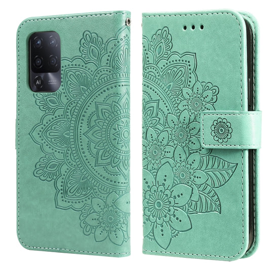For OPPO A94 5G / F19 Pro+ / Reno5 Z 5G 7-petal Flowers Embossing Pattern Horizontal Flip PU Leather Case with Holder & Card Slots & Wallet & Photo Frame(Green) by buy2fix