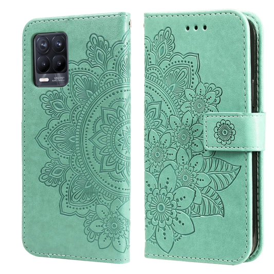 For OPPO Realme 8 / Realme 8 Pro 7-petal Flowers Embossing Pattern Horizontal Flip PU Leather Case with Holder & Card Slots & Wallet & Photo Frame(Green) - Realme Cases by buy2fix | Online Shopping UK | buy2fix