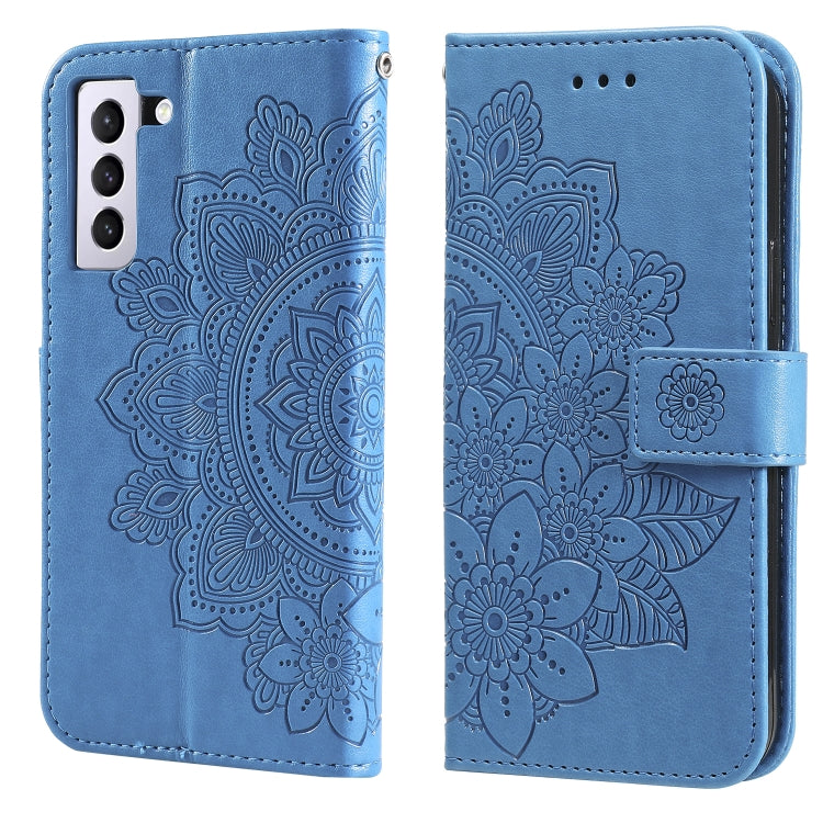 For Samsung Galaxy S21 FE 7-petal Flowers Embossing Pattern Horizontal Flip PU Leather Case with Holder & Card Slots & Wallet & Photo Frame(Blue) by buy2fix