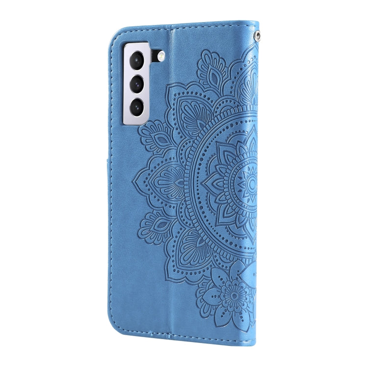 For Samsung Galaxy S21 FE 7-petal Flowers Embossing Pattern Horizontal Flip PU Leather Case with Holder & Card Slots & Wallet & Photo Frame(Blue) by buy2fix