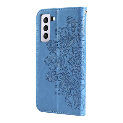 For Samsung Galaxy S21 FE 7-petal Flowers Embossing Pattern Horizontal Flip PU Leather Case with Holder & Card Slots & Wallet & Photo Frame(Blue) by buy2fix