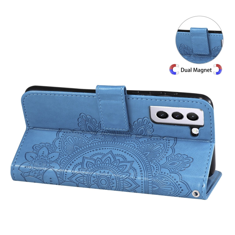 For Samsung Galaxy S21 FE 7-petal Flowers Embossing Pattern Horizontal Flip PU Leather Case with Holder & Card Slots & Wallet & Photo Frame(Blue) by buy2fix