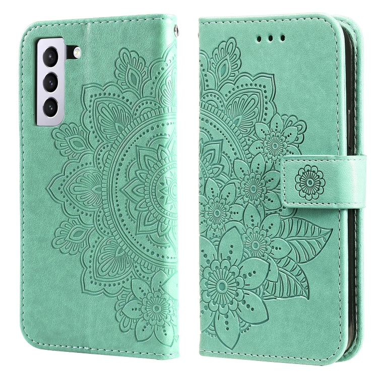 For Samsung Galaxy S21 FE 7-petal Flowers Embossing Pattern Horizontal Flip PU Leather Case with Holder & Card Slots & Wallet & Photo Frame(Green) by buy2fix