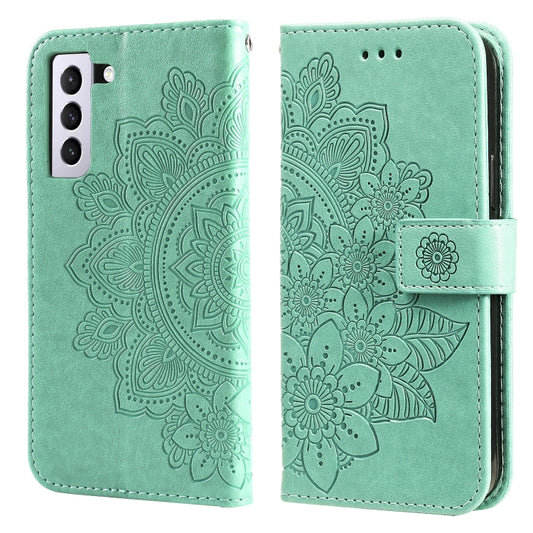 For Samsung Galaxy S21 FE 7-petal Flowers Embossing Pattern Horizontal Flip PU Leather Case with Holder & Card Slots & Wallet & Photo Frame(Green) by buy2fix