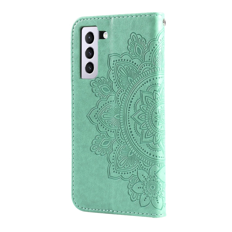 For Samsung Galaxy S21 FE 7-petal Flowers Embossing Pattern Horizontal Flip PU Leather Case with Holder & Card Slots & Wallet & Photo Frame(Green) by buy2fix