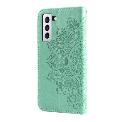 For Samsung Galaxy S21 FE 7-petal Flowers Embossing Pattern Horizontal Flip PU Leather Case with Holder & Card Slots & Wallet & Photo Frame(Green) by buy2fix