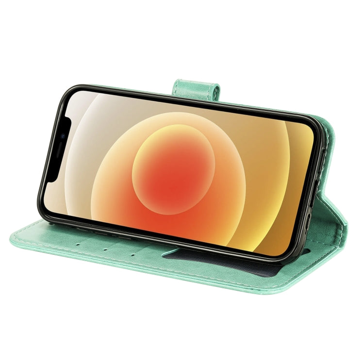 For Samsung Galaxy S21 FE 7-petal Flowers Embossing Pattern Horizontal Flip PU Leather Case with Holder & Card Slots & Wallet & Photo Frame(Green) by buy2fix