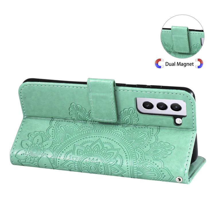 For Samsung Galaxy S21 FE 7-petal Flowers Embossing Pattern Horizontal Flip PU Leather Case with Holder & Card Slots & Wallet & Photo Frame(Green) by buy2fix