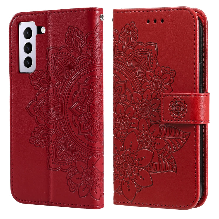 For Samsung Galaxy S21 FE 7-petal Flowers Embossing Pattern Horizontal Flip PU Leather Case with Holder & Card Slots & Wallet & Photo Frame(Red) by buy2fix
