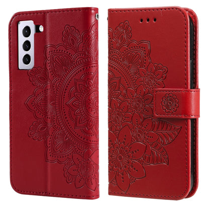 For Samsung Galaxy S21 FE 7-petal Flowers Embossing Pattern Horizontal Flip PU Leather Case with Holder & Card Slots & Wallet & Photo Frame(Red) by buy2fix