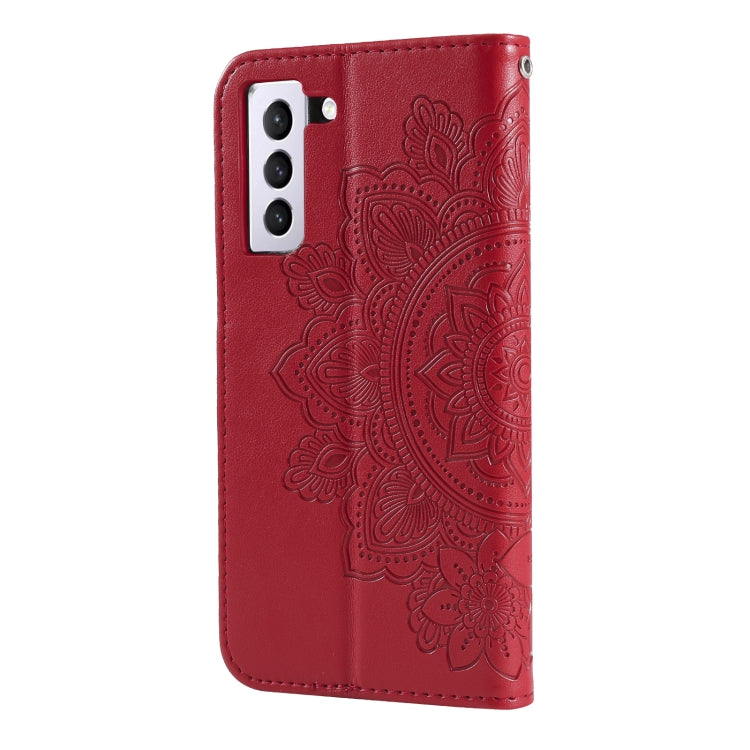 For Samsung Galaxy S21 FE 7-petal Flowers Embossing Pattern Horizontal Flip PU Leather Case with Holder & Card Slots & Wallet & Photo Frame(Red) by buy2fix
