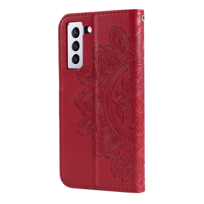 For Samsung Galaxy S21 FE 7-petal Flowers Embossing Pattern Horizontal Flip PU Leather Case with Holder & Card Slots & Wallet & Photo Frame(Red) by buy2fix
