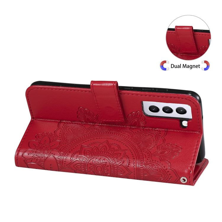 For Samsung Galaxy S21 FE 7-petal Flowers Embossing Pattern Horizontal Flip PU Leather Case with Holder & Card Slots & Wallet & Photo Frame(Red) by buy2fix