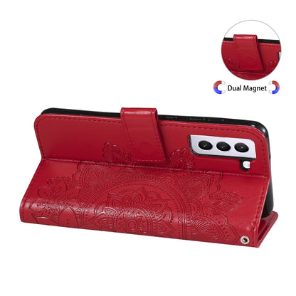 For Samsung Galaxy S21 FE 7-petal Flowers Embossing Pattern Horizontal Flip PU Leather Case with Holder & Card Slots & Wallet & Photo Frame(Red) by buy2fix