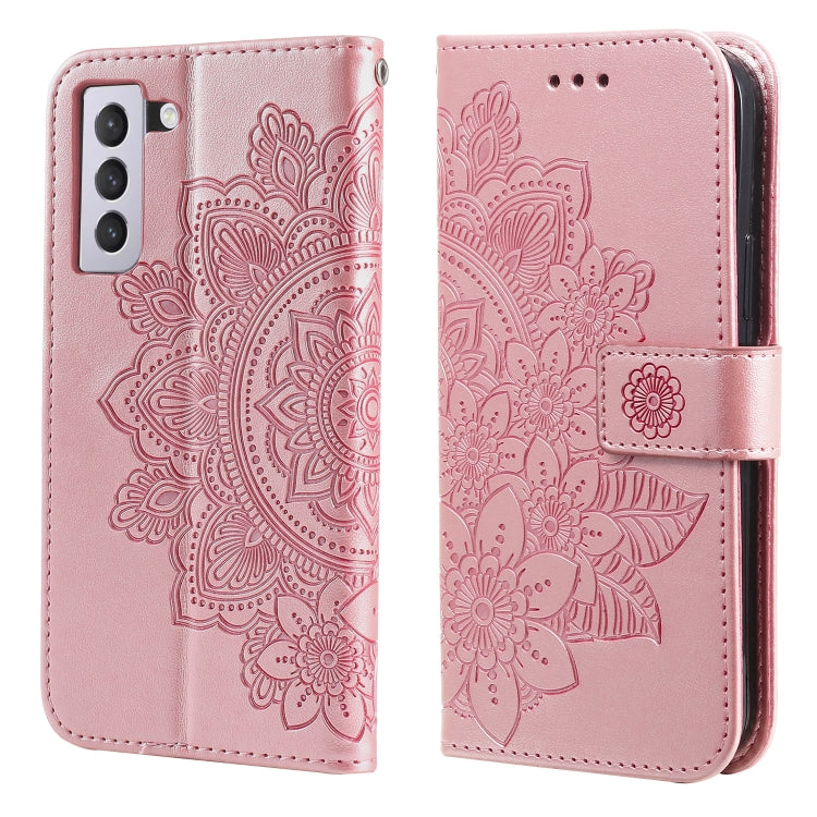 For Samsung Galaxy S21 FE 7-petal Flowers Embossing Pattern Horizontal Flip PU Leather Case with Holder & Card Slots & Wallet & Photo Frame(Rose Gold) by buy2fix