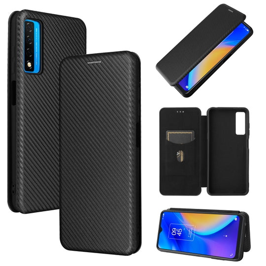 For TCL 20S Carbon Fiber Texture Horizontal Flip TPU + PC + PU Leather Case with Card Slot(Black)