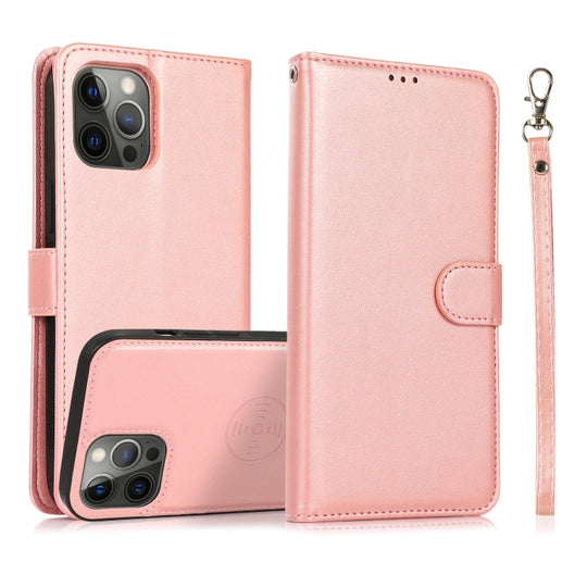 For iPhone 12 / 12 Pro Calf Texture 2 in 1 Detachable Magnetic Back Cover Horizontal Flip Leather Case with Holder & Card Slots & Wallet & Photo Frame(Rose Gold)