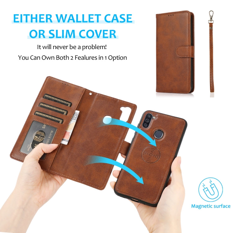 For Samsung Galaxy A11 / M11 Calf Texture 2 in 1 Detachable Magnetic Back Cover Horizontal Flip Leather Case with Holder & Card Slots & Wallet & Photo Frame(Brown) by buy2fix