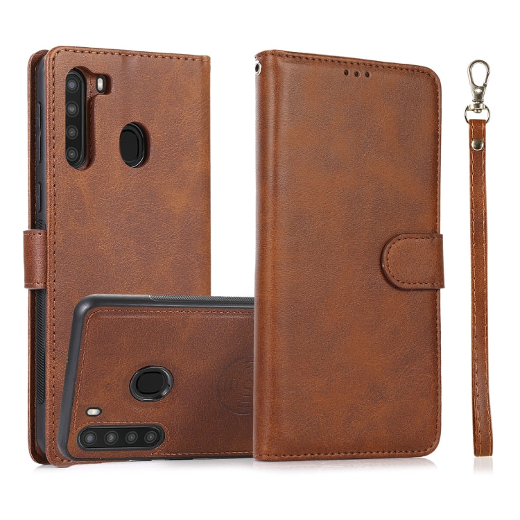 For Samsung Galaxy A21 Calf Texture 2 in 1 Detachable Magnetic Back Cover Horizontal Flip Leather Case with Holder & Card Slots & Wallet & Photo Frame(Brown) by buy2fix