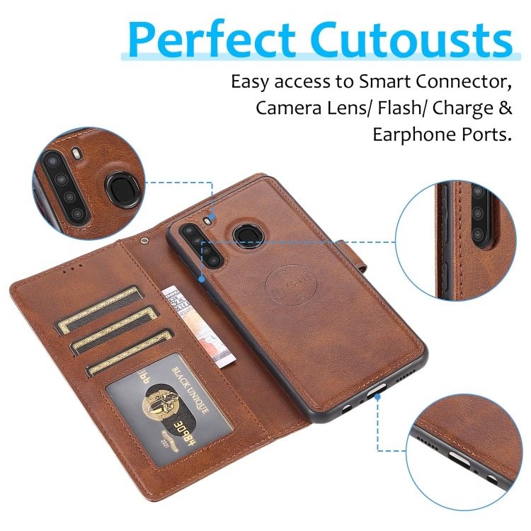 For Samsung Galaxy A21 Calf Texture 2 in 1 Detachable Magnetic Back Cover Horizontal Flip Leather Case with Holder & Card Slots & Wallet & Photo Frame(Brown) by buy2fix