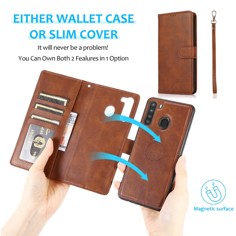 For Samsung Galaxy A21 Calf Texture 2 in 1 Detachable Magnetic Back Cover Horizontal Flip Leather Case with Holder & Card Slots & Wallet & Photo Frame(Brown) by buy2fix