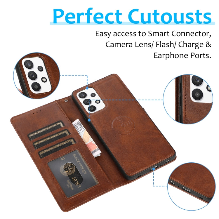 For Samsung Galaxy A32 Calf Texture 2 in 1 Detachable Magnetic Back Cover Horizontal Flip Leather Case with Holder & Card Slots & Wallet & Photo Frame(Brown) by buy2fix